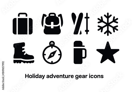 Festive Travel Icons. Festive travel collection. Filled icon set of festive travel collection: suitcase