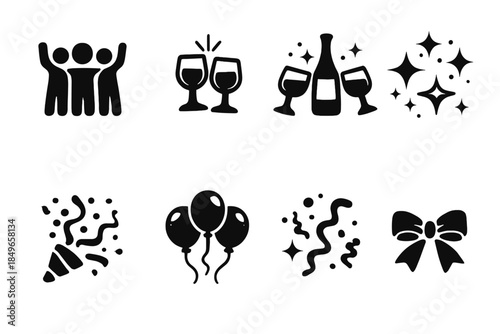 Celebratory Icon Set. Group cheers icons. Filled icon set of group cheers icons: figures group, glasses