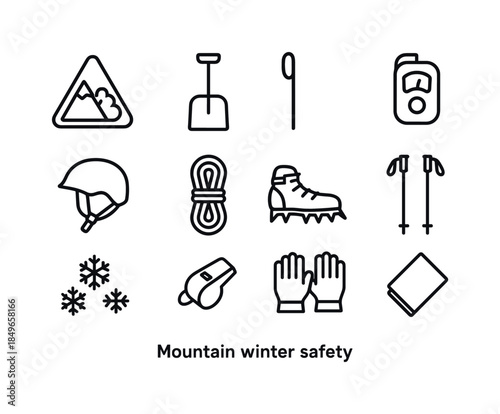 Nordic Trekking Icon Set. Nordic winter trekking. Line outline icon set of Nordic winter trekking: skis, ski