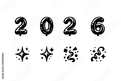 Metallic Party Icons. Metallic 2026 party set. Filled icon set of metallic 2026 party set: foil 2 digit, foil