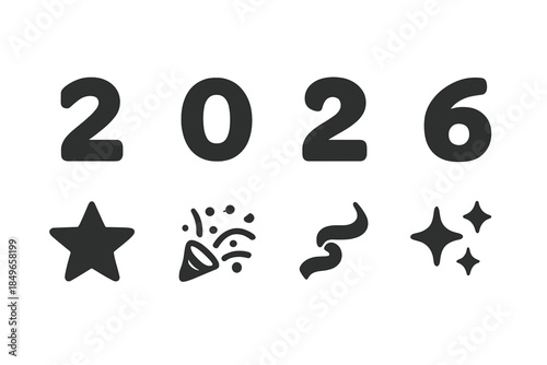 2026 Icon Set. 2026 themed icons. Filled icon set of 2026 themed icons: digit 2, digit 0, digit 2 alt, digit 6