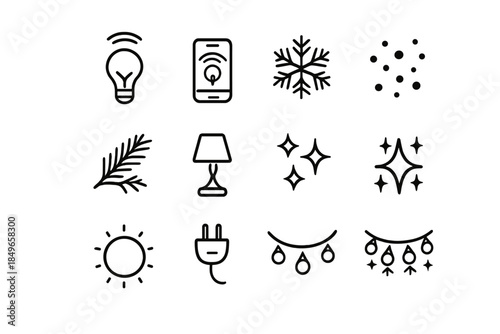 Smart Décor Icon Set. Smart décor lighting. Line outline icon set of Smart décor lighting: bulb, wifi wave,