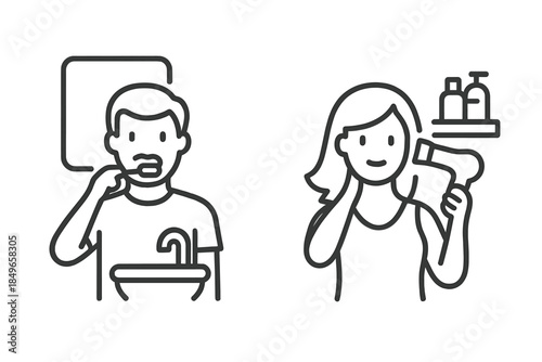 Man brushing teeth and woman drying hair icons