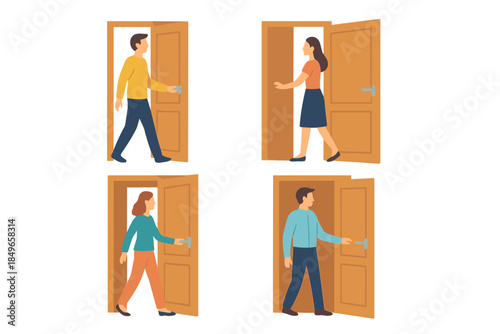 People walking through illuminated doorways