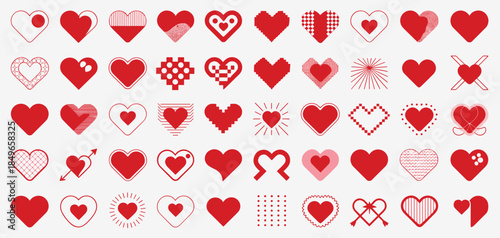 Large grid of red hearts in diverse patterns and styles on a white background love symbol