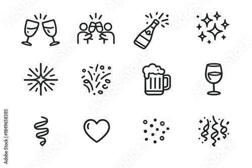 Celebration Icon Set. Group cheers icons. Line outline icon set of Group cheers icons: glasses clinking, group