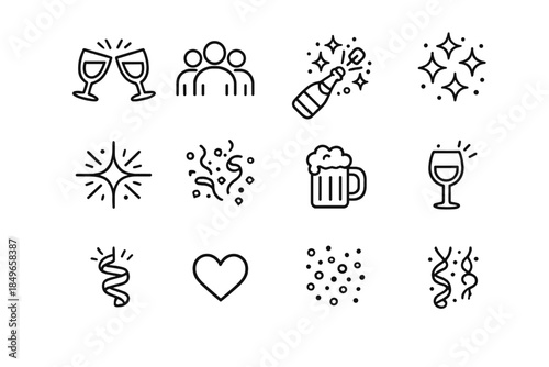 Celebration Icon Set. Group cheers icons. Line outline icon set of Group cheers icons: glasses clinking, group