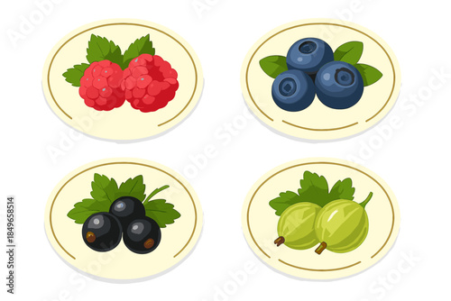 Four Oval Labels Featuring Different Berries with Leaves
