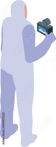 Crime scene investigator wearing a protective suit and taking photos of evidence with a digital camera