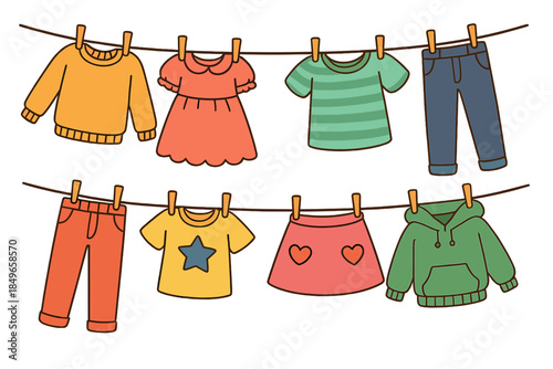 Children's clothes hanging on a clothesline