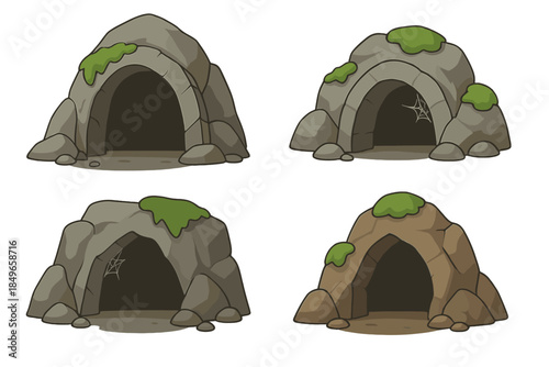 Four Stylized Cave Entrances with Moss and Spiderwebs