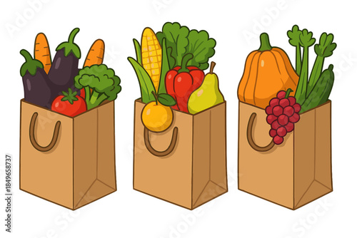 Grocery bags filled with fresh vegetables and fruits