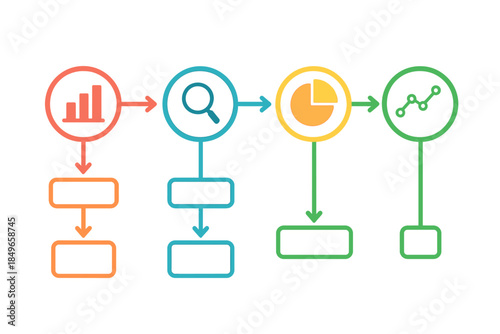 Business process flow with data visualization icons