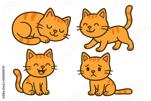 Four cartoon orange tabby cats with different expressions