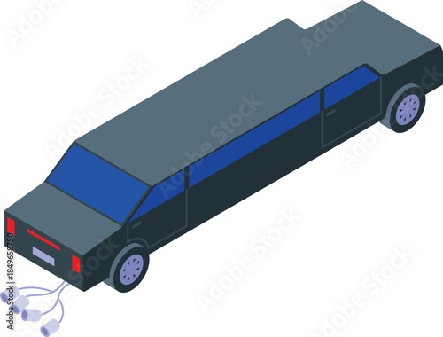 Isometric long black limousine waiting for newlyweds leaving church after wedding ceremony