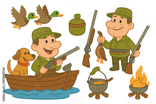 Cartoon hunters with dog, ducks, and campfire