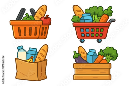 Collection of grocery shopping icons with different containers