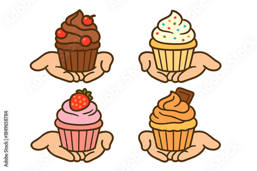 Four Hands Holding Cupcakes with Toppings
