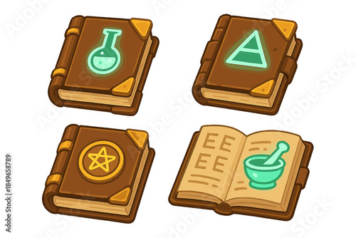 Collection of magical spellbooks with glowing arcane symbols