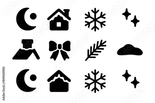 Winter Moon Icons. Winter moon shining over frosty rooftops. Filled icon set of winter moon shining over