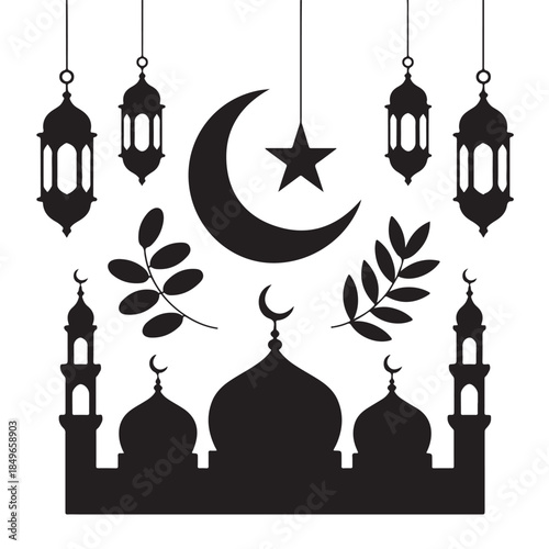 Festive ramadan kareem design featuring crescent moon, lanterns, and dates