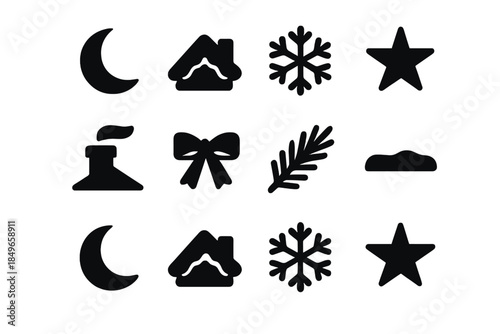 Festive Winter Icons. Festive winter rooftops icons. Filled icon set of festive winter rooftops icons: moon