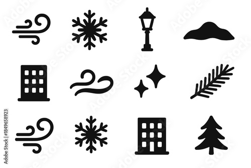 Winter Icons Set. Chilly wind swirling through snowy streets. Filled icon set of chilly wind swirling through