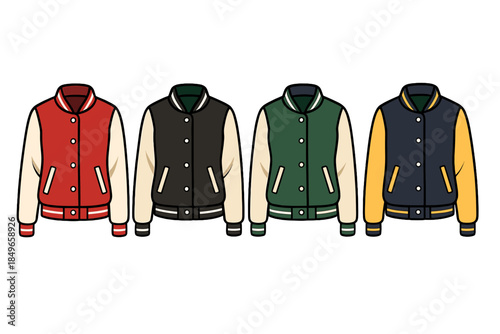 Four varsity jackets in different colors on a dark background
