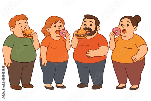 Obese people eating burgers and donuts