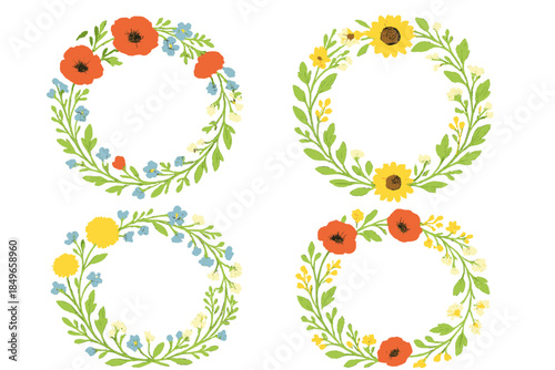 Four floral wreaths with poppies, sunflowers and forget-me-nots on a gradient green background