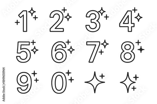 Glittering Numbers Grid. Glittering numbers representing symbolic new year. Line outline icon set of