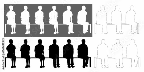 Silhouettes of people sitting on a bench displayed in varying shades and styles