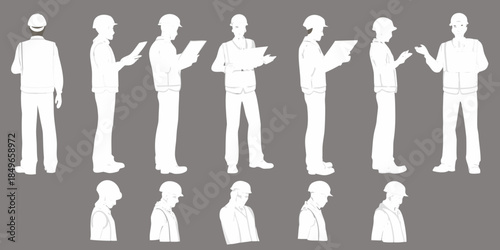 Silhouette figures of construction workers in various poses and viewpoints