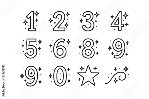 New Year Icon Set. Glittering New Year motifs. Line outline icon set of Glittering New Year motifs: number 1,