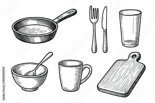 Hand-drawn kitchen utensils on a dark background