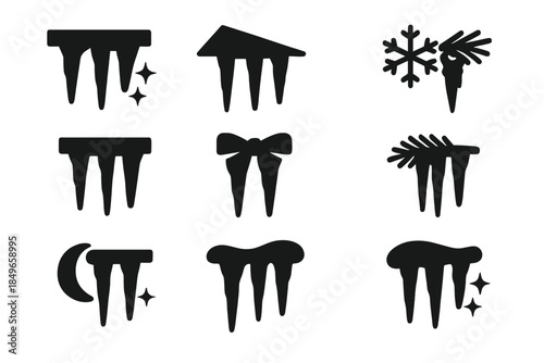 Glittering Icicle Icons. Glittering icicles hanging from rooftops. Filled icon set of glittering icicles