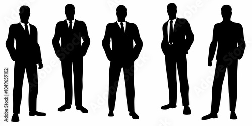 Silhouette of five men in suits standing in a row facing forward