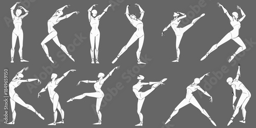 Dynamic human figures in various stretching and reaching poses shown in white