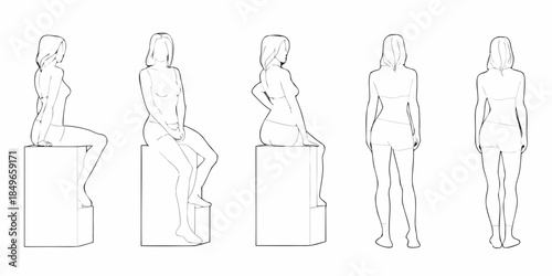 Five female figures in various poses sketched as fashion design templates