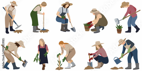 A collection of gardeners working with various tools in a field