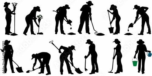 Silhouettes of people performing various cleaning and gardening tasks outdoors