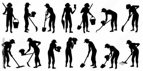 Silhouettes of people gardening and performing various outdoor tasks