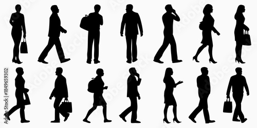 Silhouettes of diverse people walking in various poses and outfits