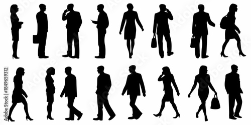 Diverse silhouettes of business people in various poses and attire