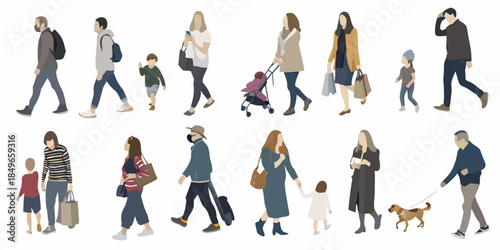 Diverse group of illustrated people walking showcasing various styles and ages