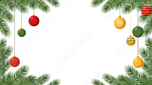A festive Christmas frame decorated with colorful ornaments and lush greenery on a white background, perfect for holiday greeting cards or seasonal invitations with a joyful atmosphere.