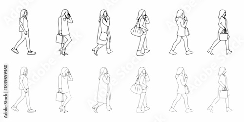 Line art illustrations of fashionable women in various walking poses