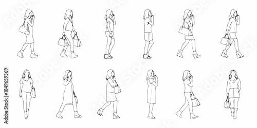 Line art illustrations of women walking in various poses with handbags