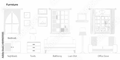 A simple line drawing depicts a variety of common furniture arrangements