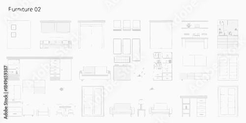 A collection of furniture outlines displayed in a minimalist architectural plan style